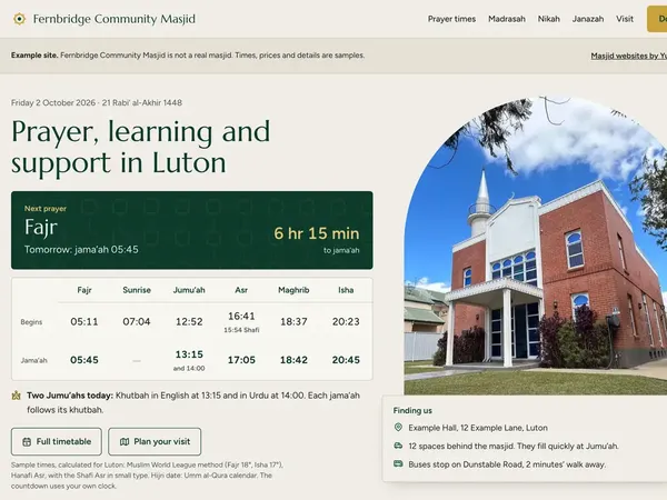 Example website for an invented Luton masjid, Fernbridge Community Masjid
