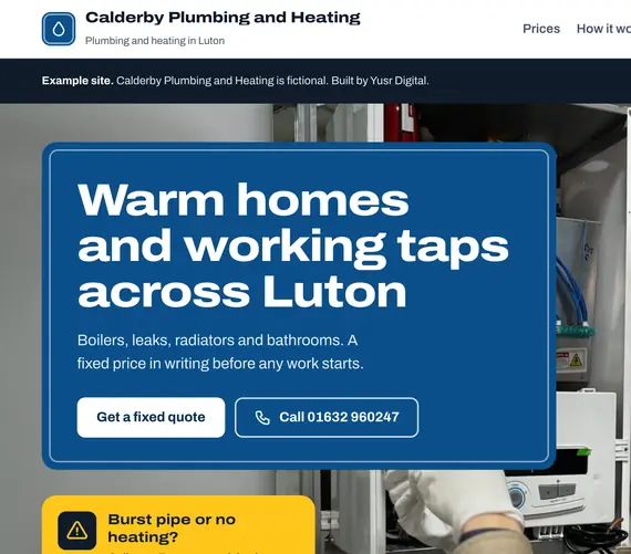 Calderby Plumbing and Heating, an example site I built for an invented Luton plumber