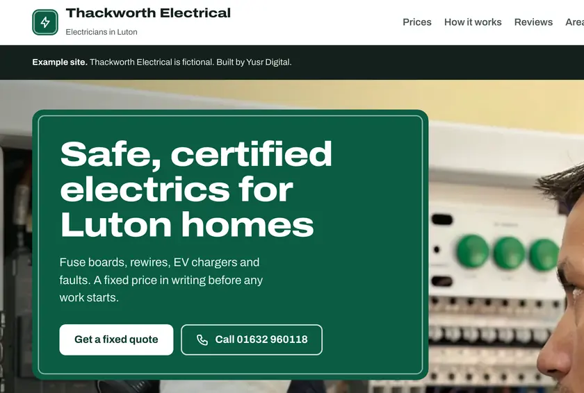 Thackworth Electrical, an example site I built for an invented Luton electrician